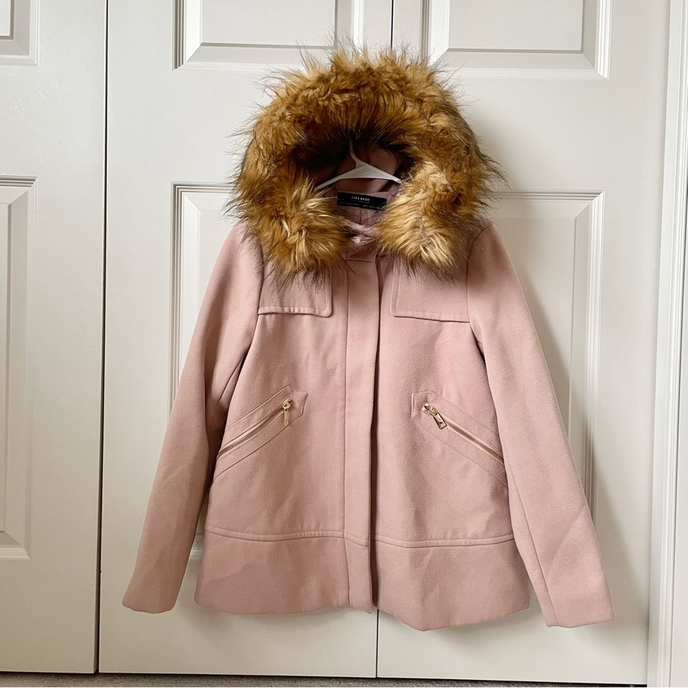 Zara women’s XS pink removable faux fur hood coat